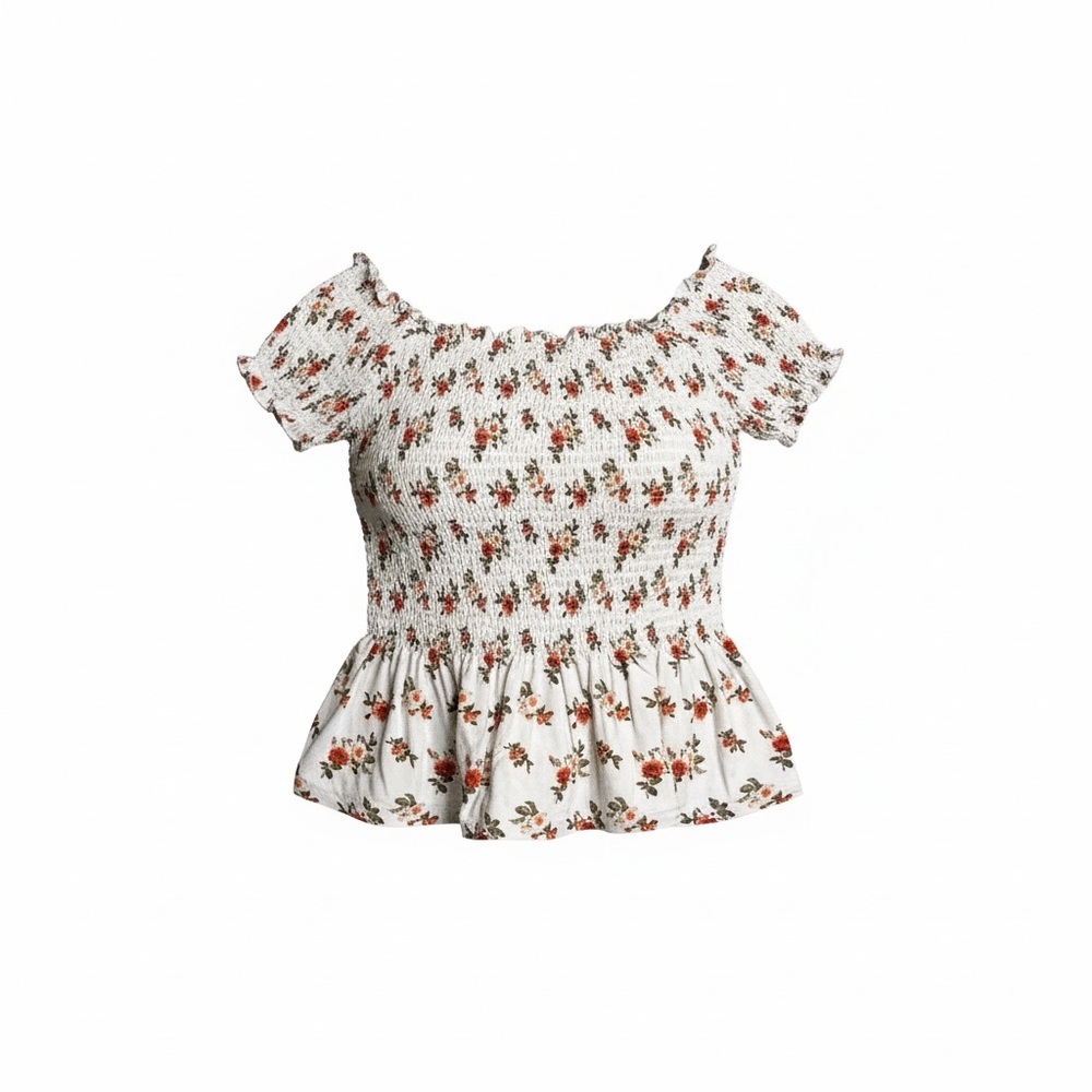 Orange Kiss Floral Smocked Peplum Top Off Shoulder Boho Cottage